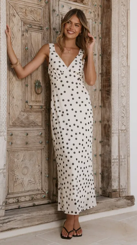 Cassara Maxi Dress - White / Black Polka Dot sold by Billy J