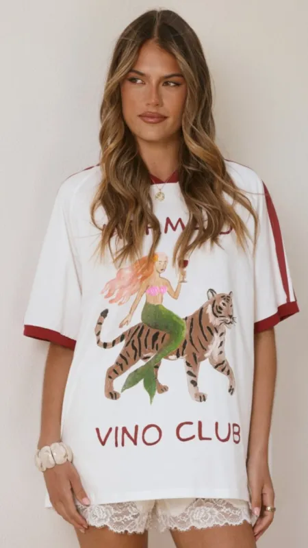 Mermaid Vino Club Oversized Tee - White / Red sold by Billy J