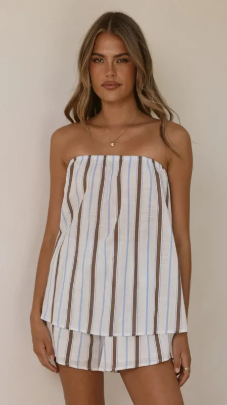 Calliope Strapless Top and Shorts Set - Choc/Blue Stripe sold by Billy J