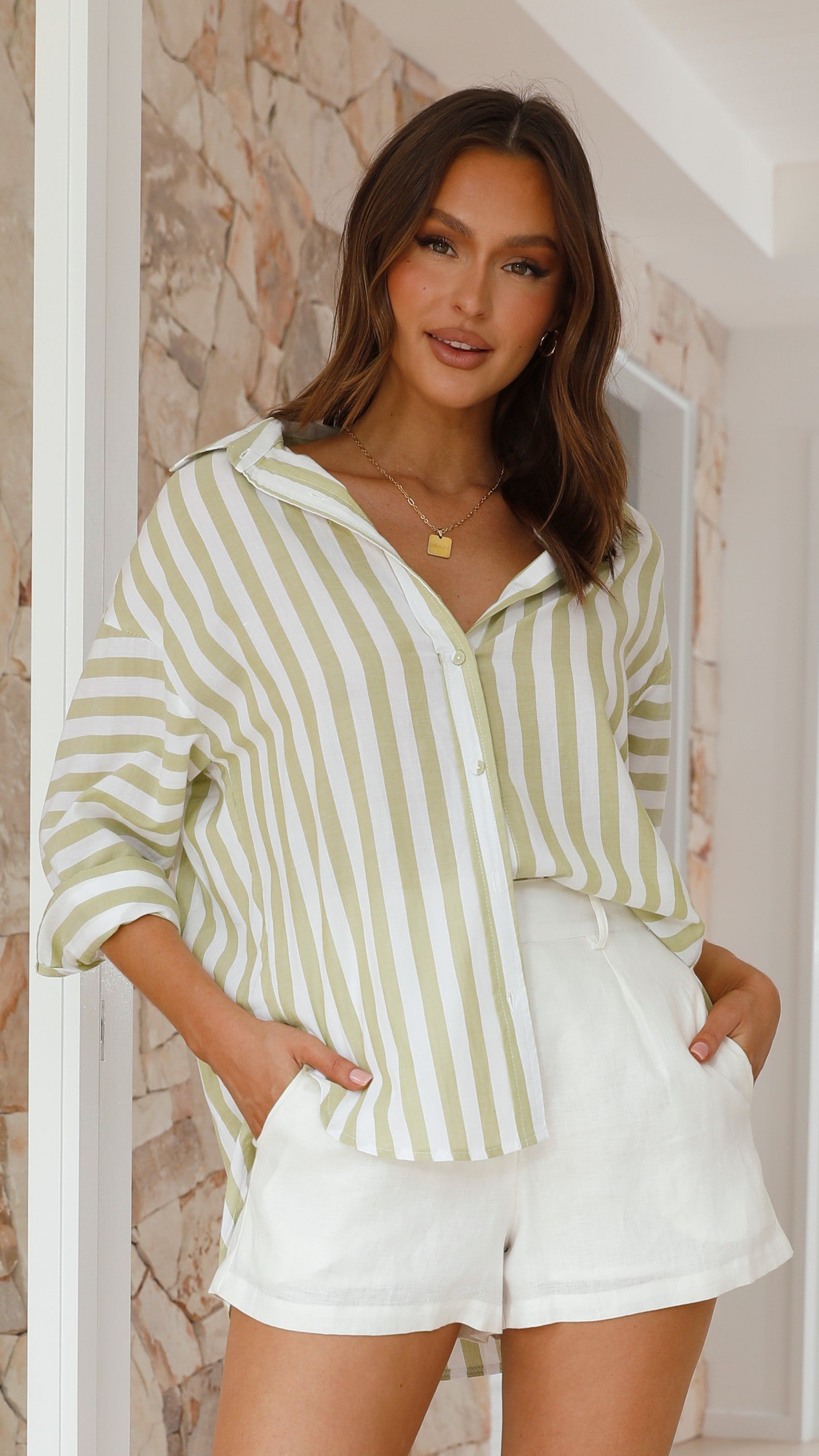 Mya Button Up Shirt - Pistachio Stripe sold by Billy J