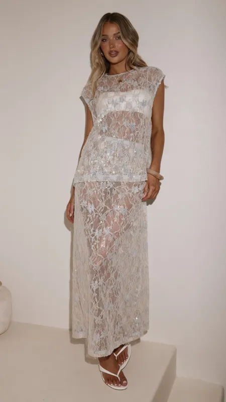 Makaila Sheer Maxi Skirt - Blue Lace/Sequin made by Billy J