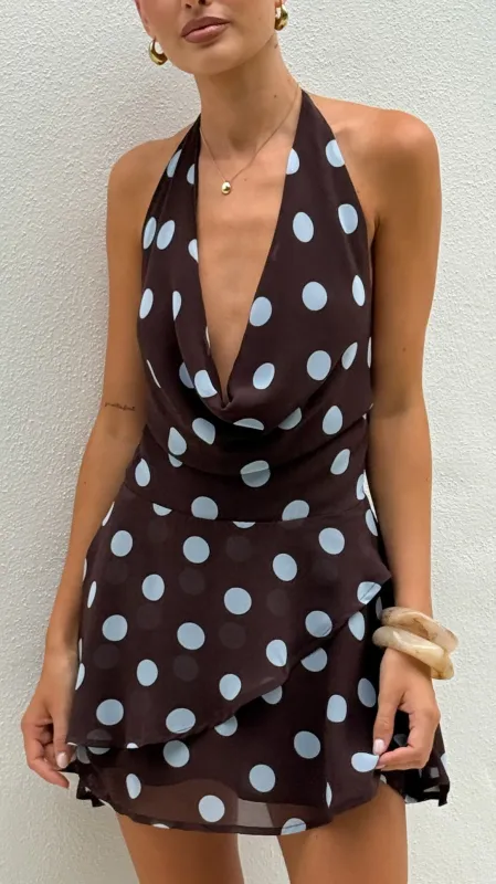 Imali Mini Dress - Choc/Blue Polka made by Billy J