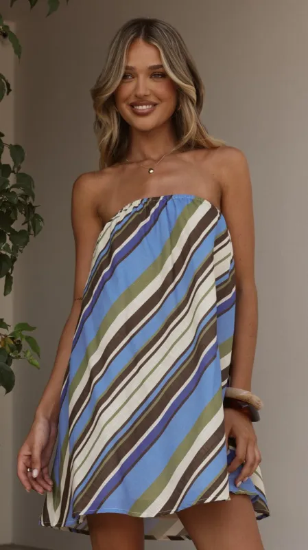 Karina Strapless Mini Dress - Blue/Khaki Stripe made by Billy J
