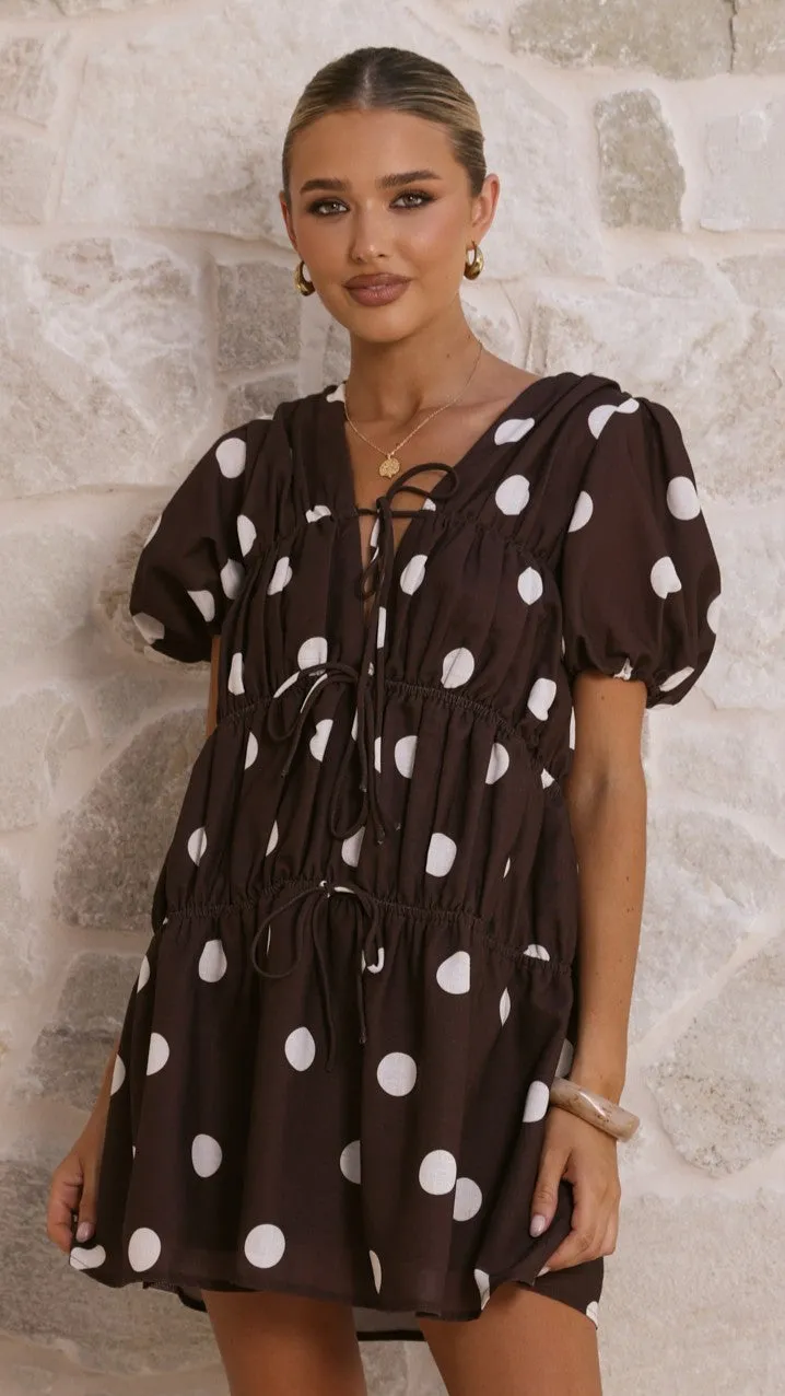 Alina Mini Dress - Chocolate/White Polka sold by Billy J
