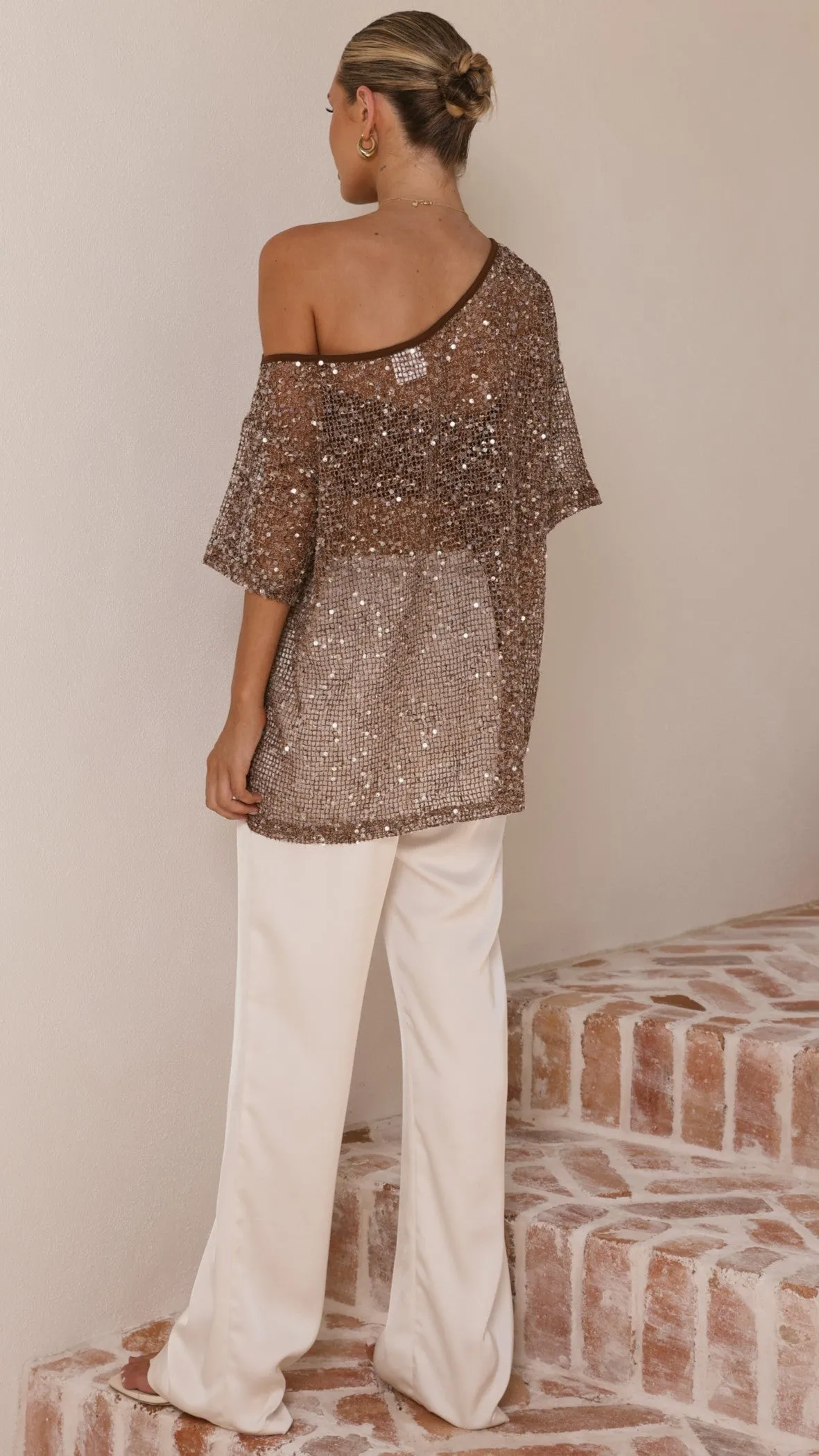 Zinnie Sequins Off Shoulder Top - Mocha sold by Billy J product image thumbnail 2