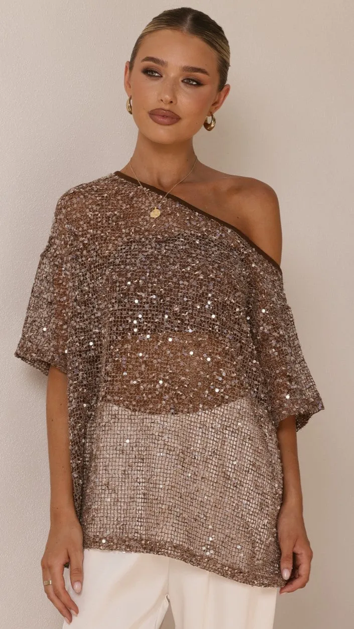 Zinnie Sequins Off Shoulder Top - Mocha sold by Billy J