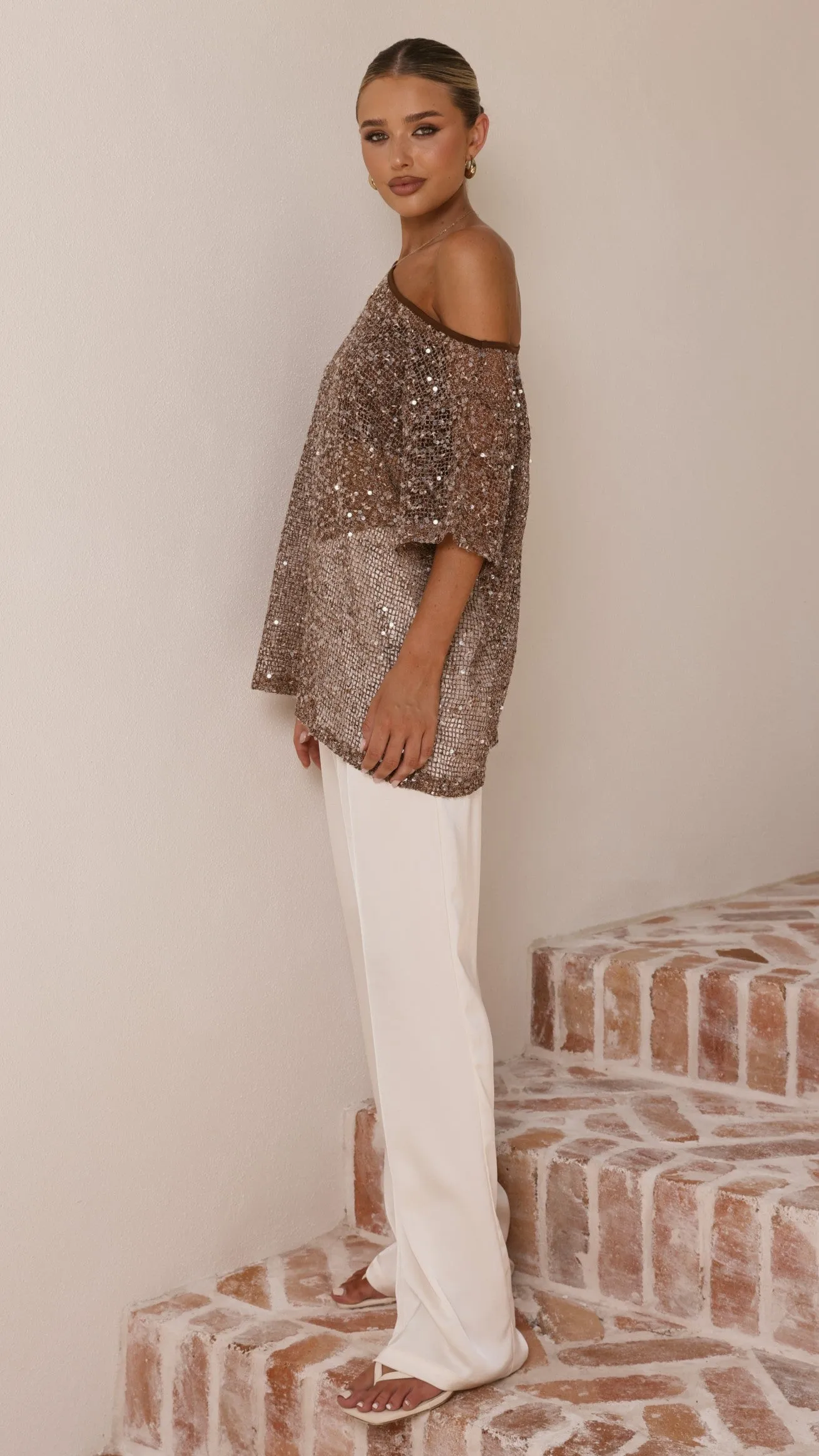 Zinnie Sequins Off Shoulder Top - Mocha sold by Billy J product image thumbnail 3