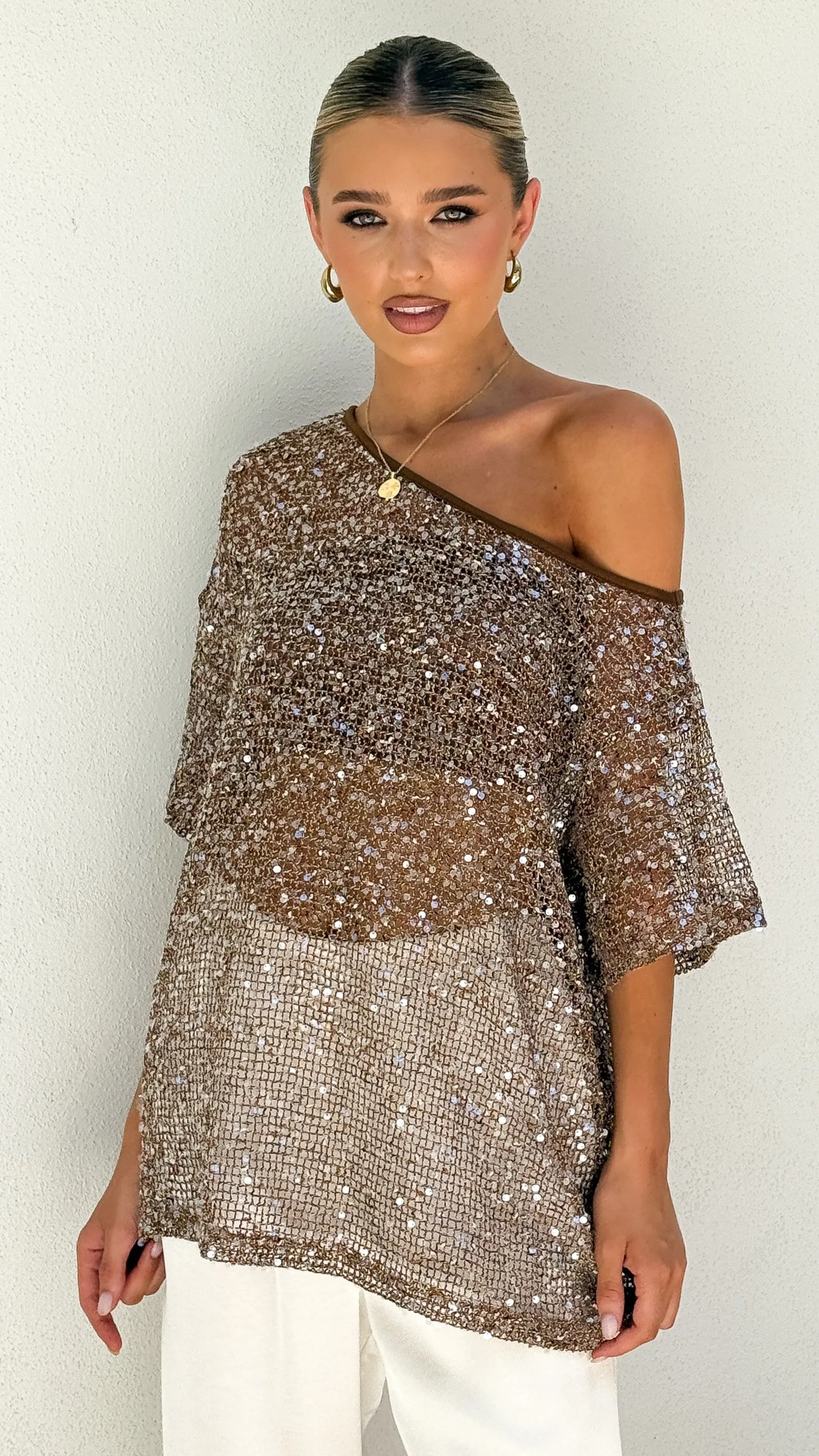 Zinnie Sequins Off Shoulder Top - Mocha sold by Billy J product image thumbnail 5