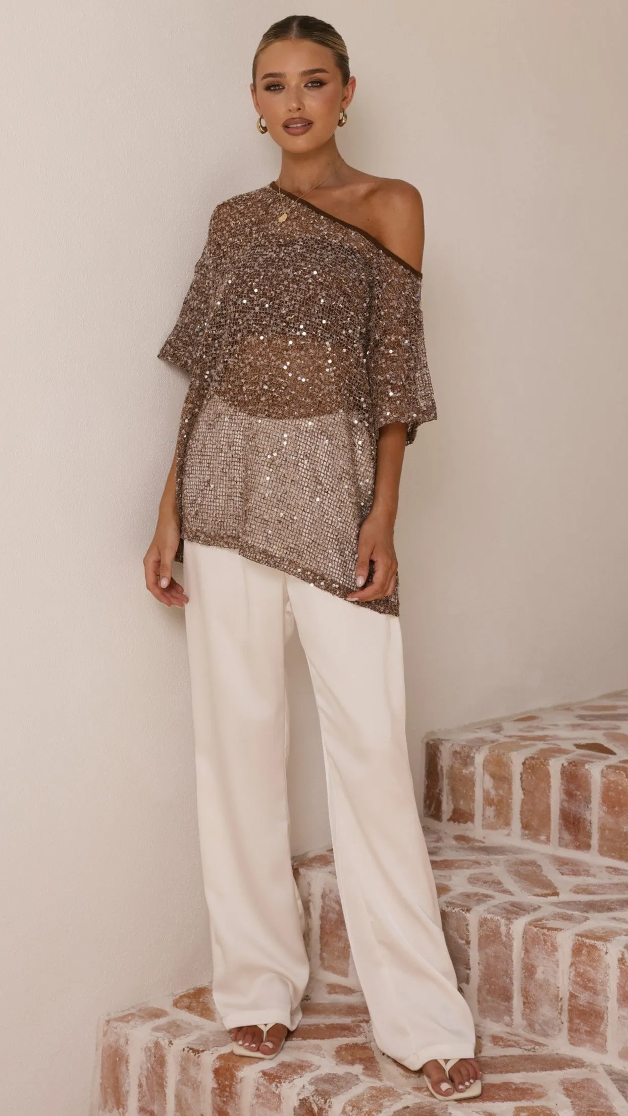 Zinnie Sequins Off Shoulder Top - Mocha sold by Billy J product image thumbnail 4