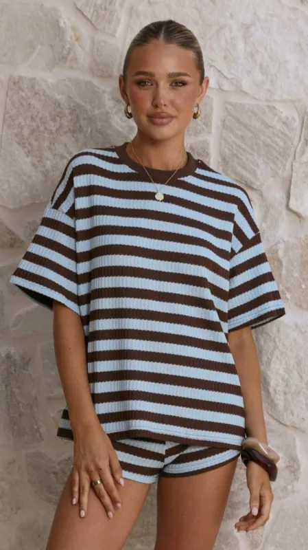 Makenna T-Shirt and Shorts Set - Chocolate/Blue Stripe made by Billy J