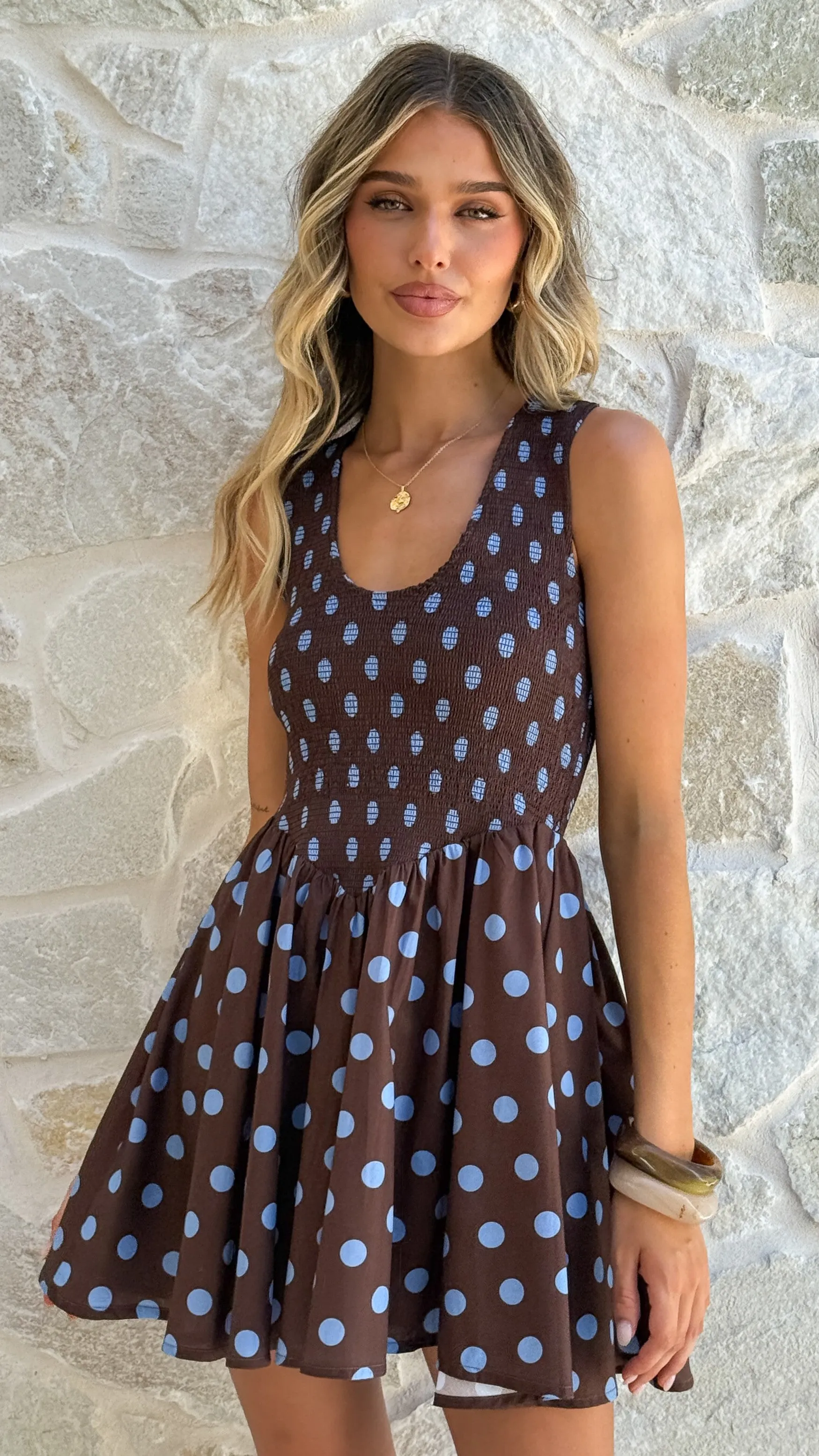 Amira Mini Dress - Choc/Blue Polka sold by Billy J product image thumbnail 4