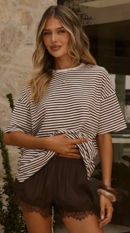 Zaina Stripe T-Shirt and Micro Lace Shorts - Chocolate/White made by Billy J