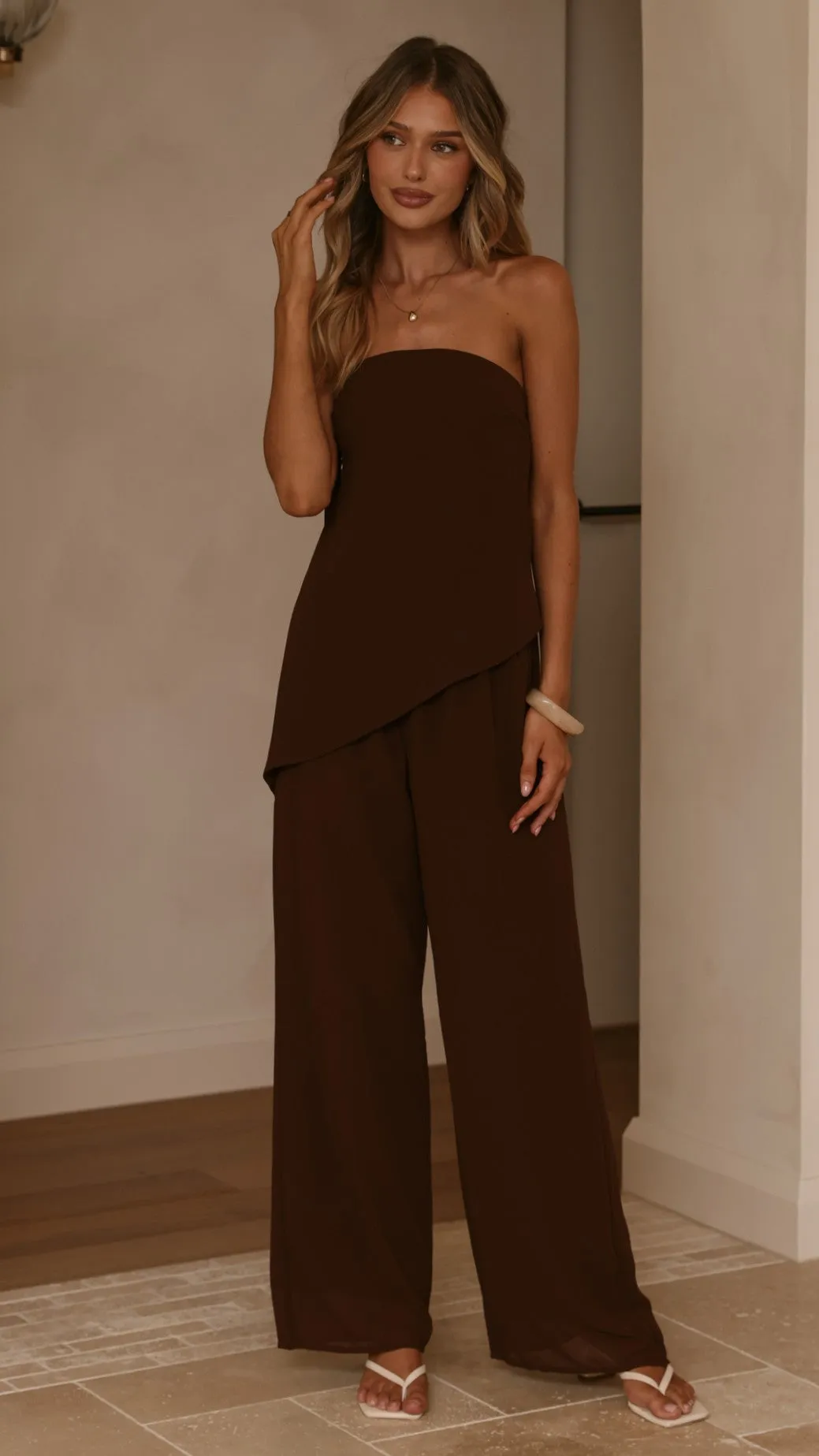 Zabrina Semi Sheer Strapless Top and Pants Set - Chocolate sold by Billy J