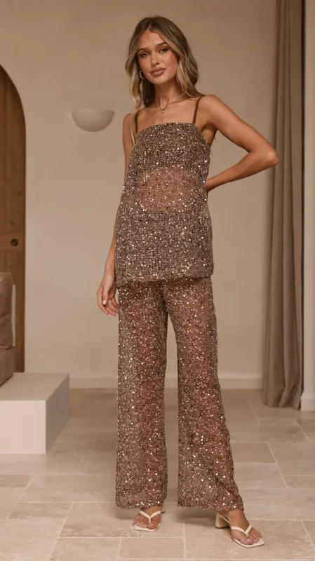 Zarina Sequin Long Line Top and Pants Set - Mocha made by Billy J