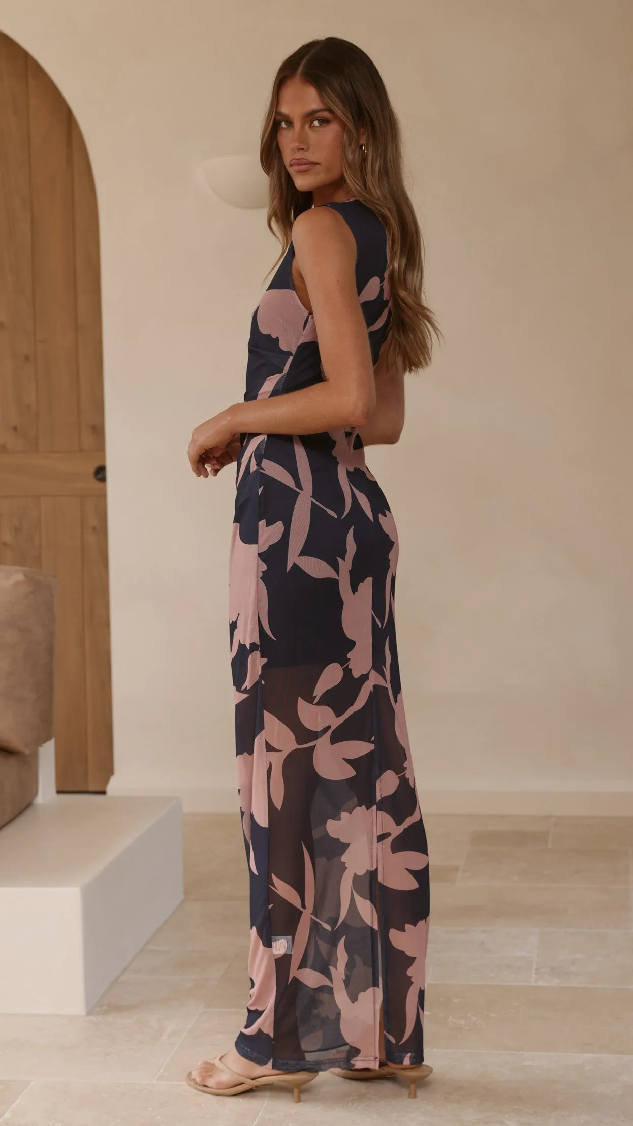 Lilani Mesh Maxi Dress - Navy/Pink Print sold by Billy J product image thumbnail 5