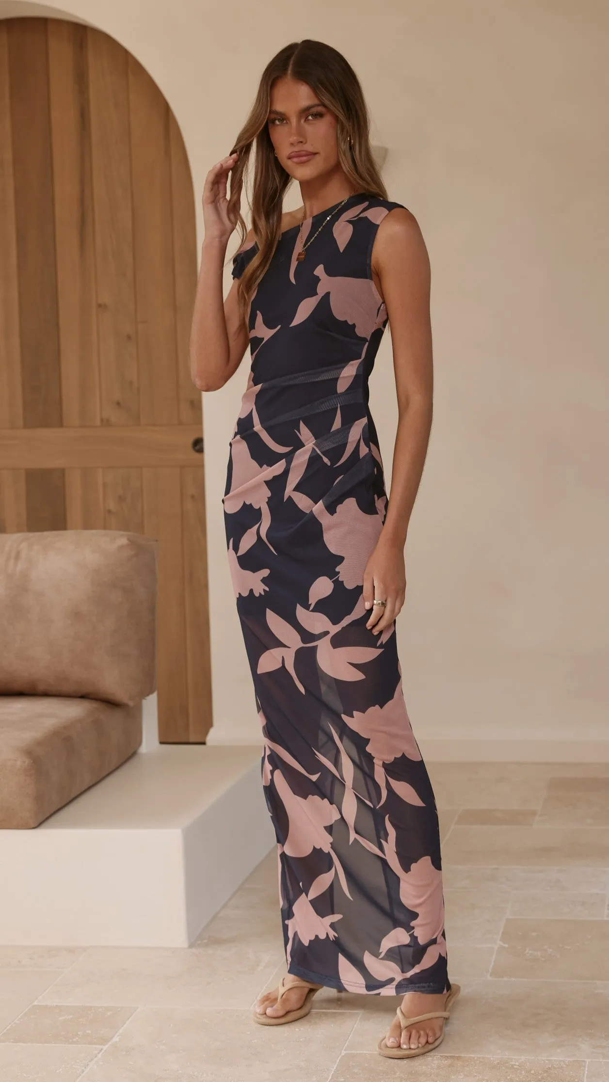 Lilani Mesh Maxi Dress - Navy/Pink Print sold by Billy J product image thumbnail 4