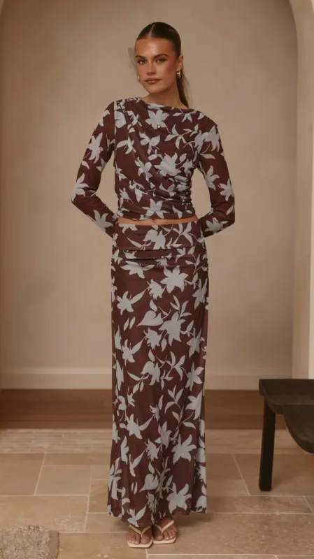 Ellita Maxi Skirt - Chocolate/Blue Print made by Billy J