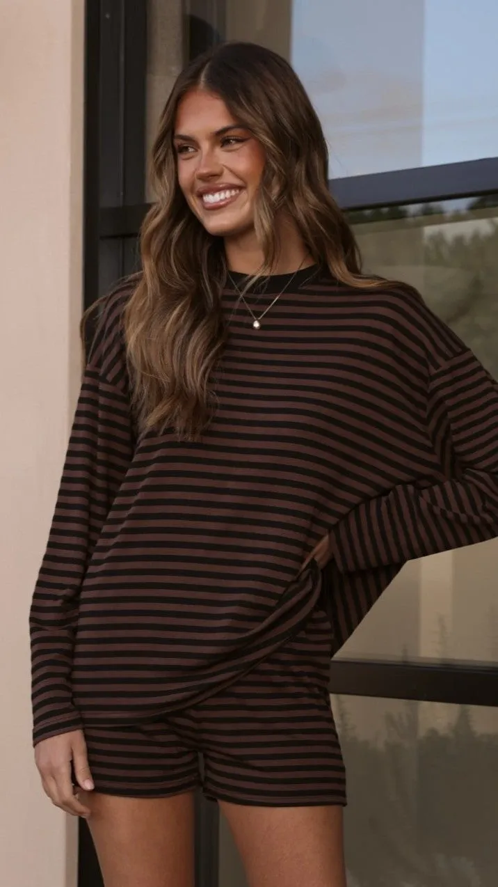 Flossie Long Sleeve Top and Shorts Set - Choc/Black Stripe sold by Billy J product image thumbnail 3