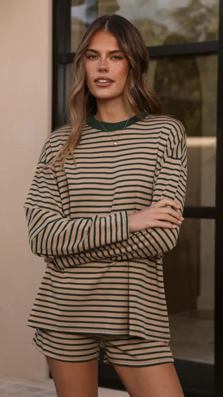 Flossie Long Sleeve Top and Shorts Set - Beige/Green Stripe made by Billy J