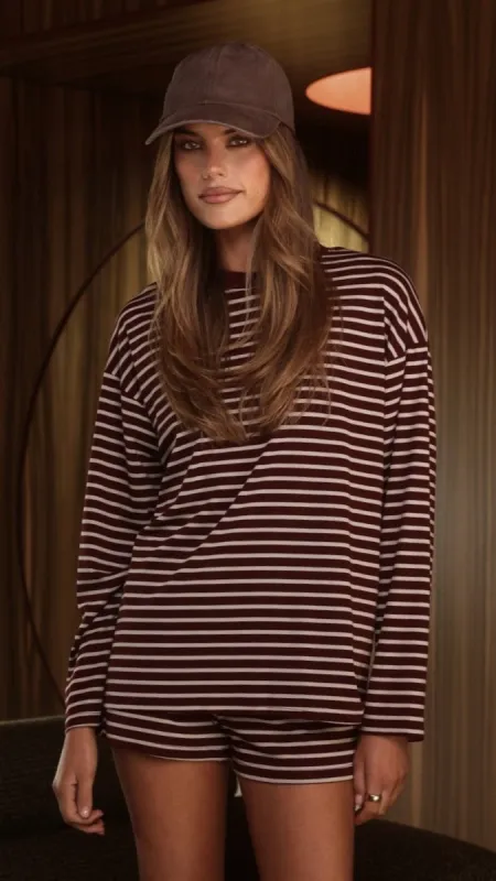 Flossie Long Sleeve Top and Shorts Set - Burgundy/Beige Stripe made by Billy J