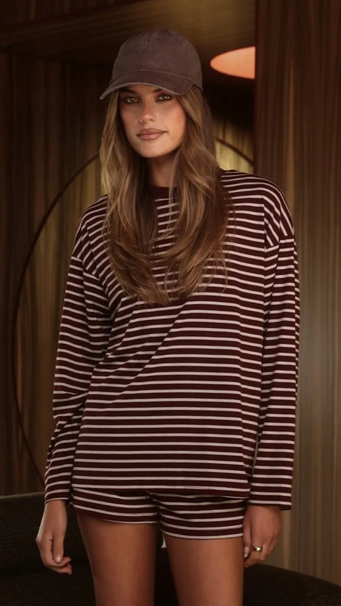 Flossie Long Sleeve Top and Shorts Set - Burgundy/Beige Stripe sold by Billy J