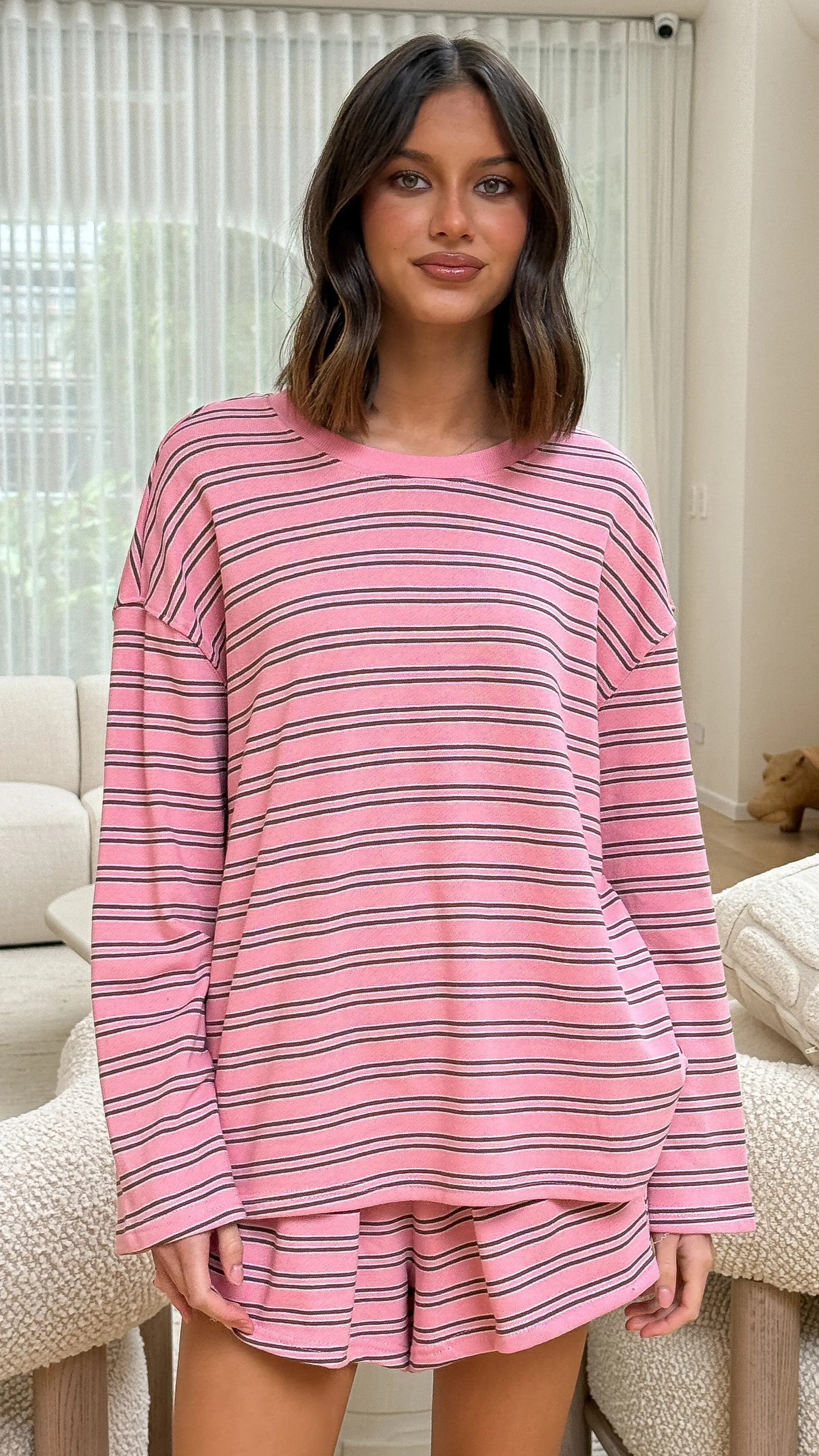 Everly Top And Shorts Set - Pink/Choc Stripe sold by Billy J product image thumbnail 4