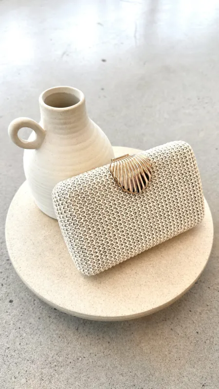 Livy Shell Clasp Woven Structured Clutch - Cream sold by Billy J