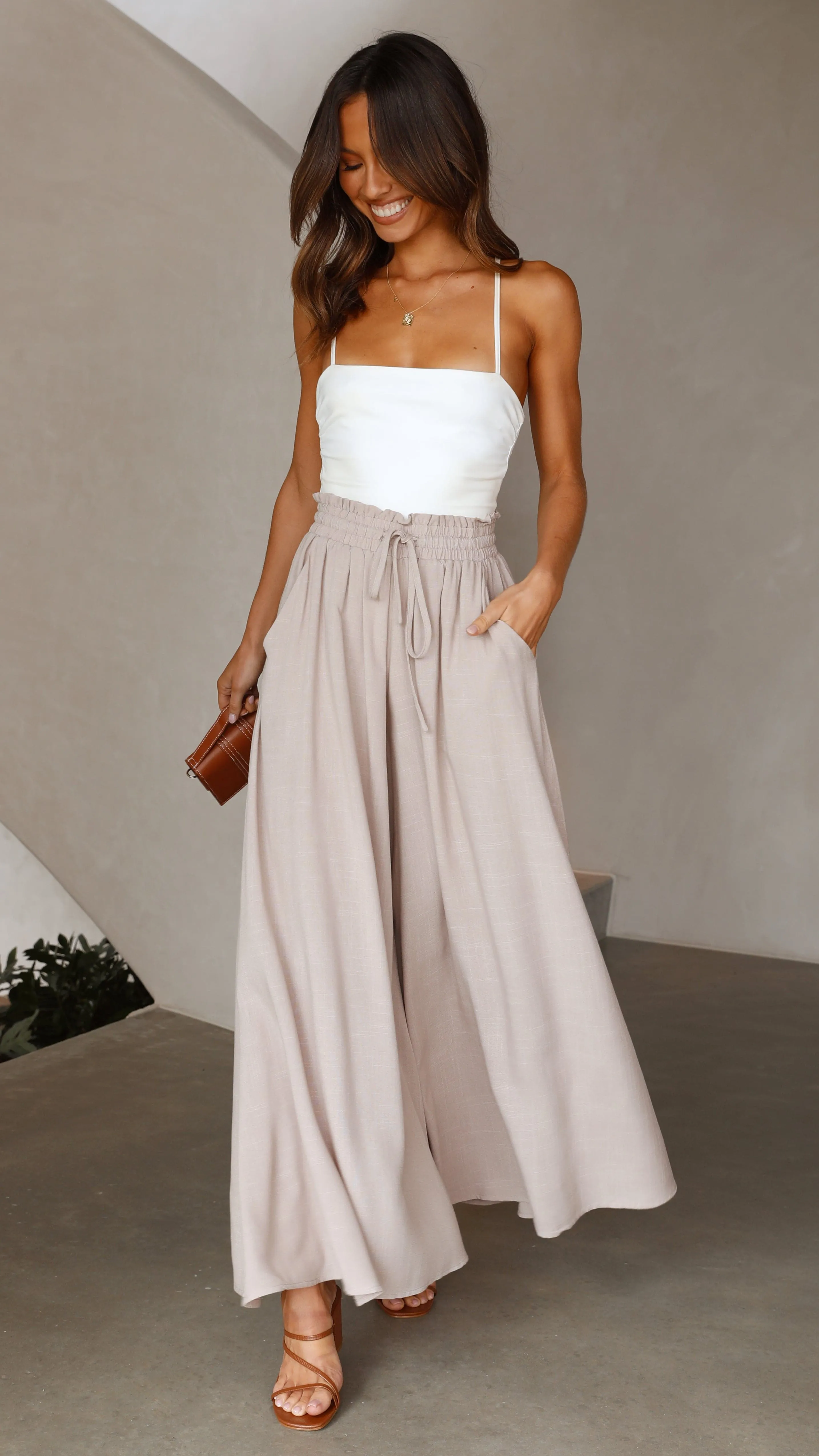Avery Wide Leg Pants - Beige sold by Billy J