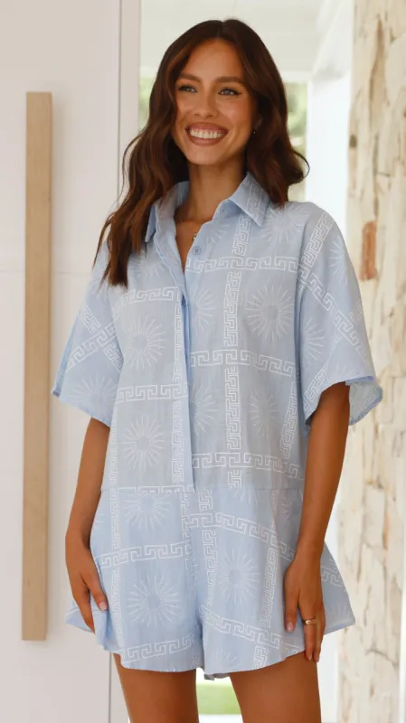 Aralyn Playsuit - Blue/White Print sold by Billy J