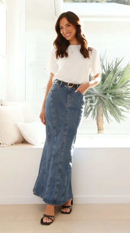 Penelope Denim Maxi Skirt - Mid Wash sold by Billy J