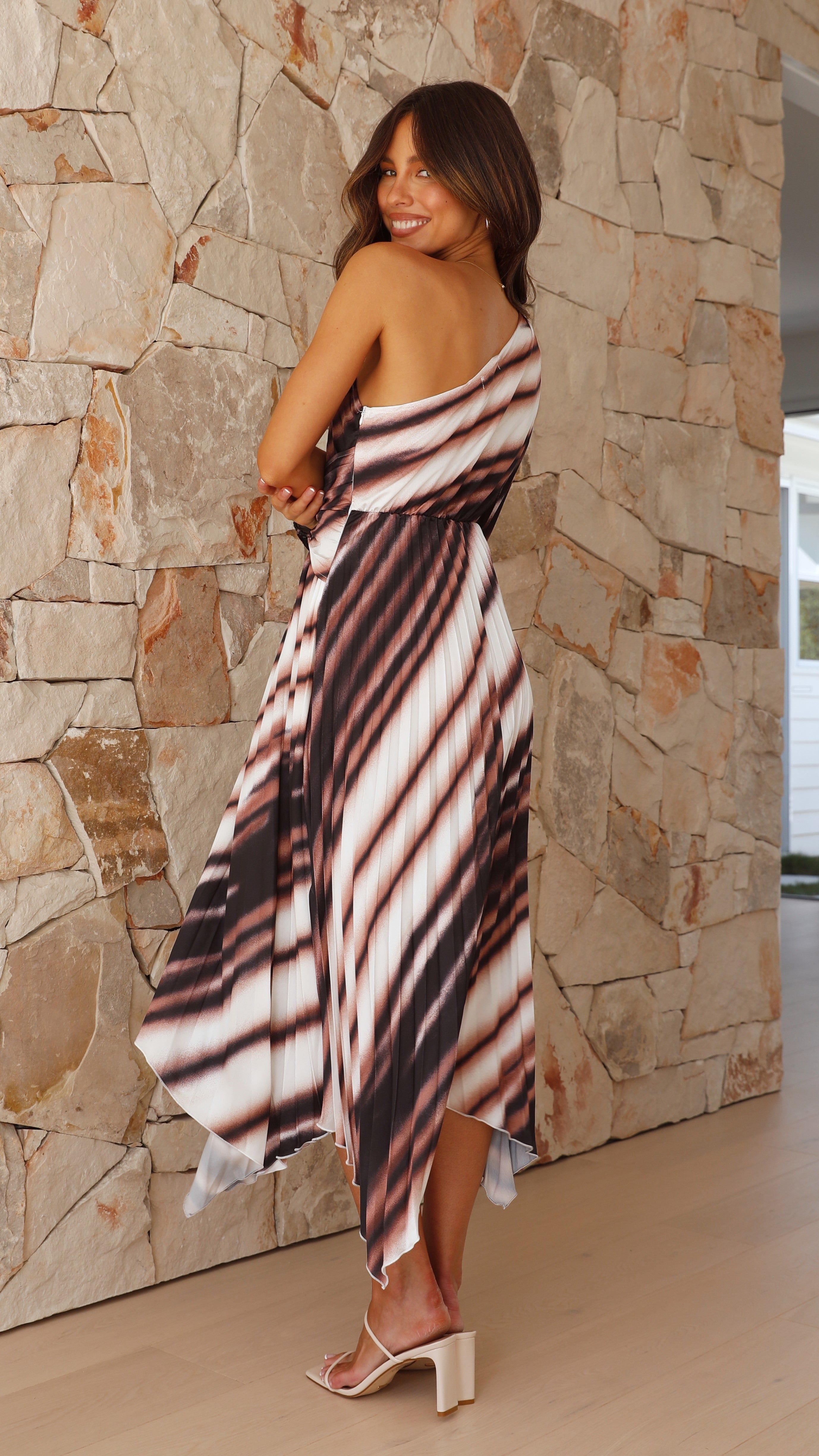 Brooklyn One Shoulder Midi Dress - Brown White Stripe sold by Billy J product image thumbnail 2