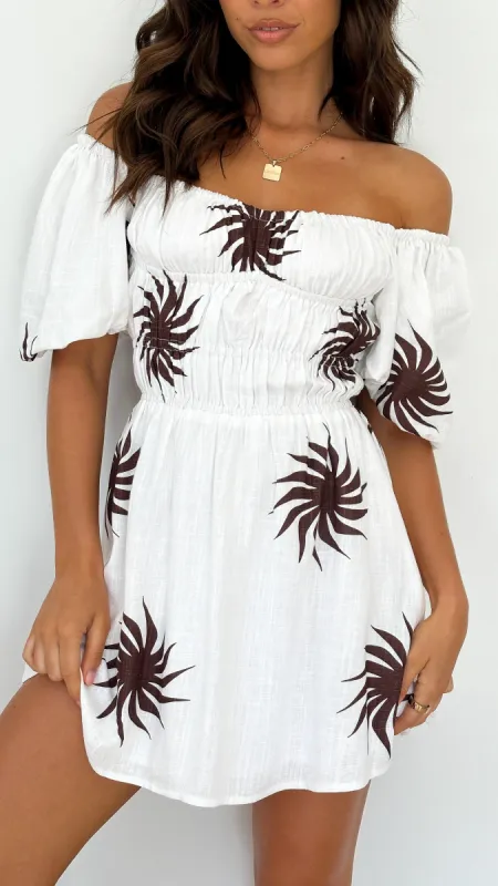 Sofia Mini Dress - White/Choc Sun Print sold by Billy J