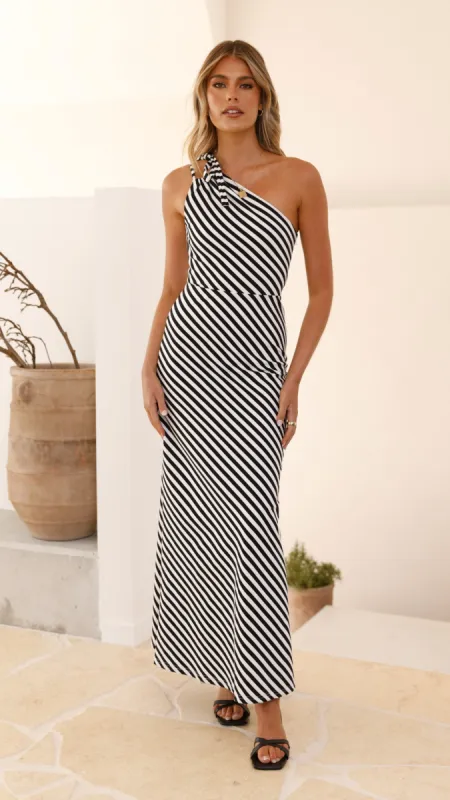 Ochola One Shoulder Maxi Dress - Black / White Stripe sold by Billy J