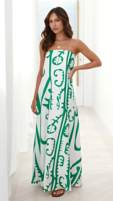 Connie Maxi Dress - White / Green Tribal sold by Billy J