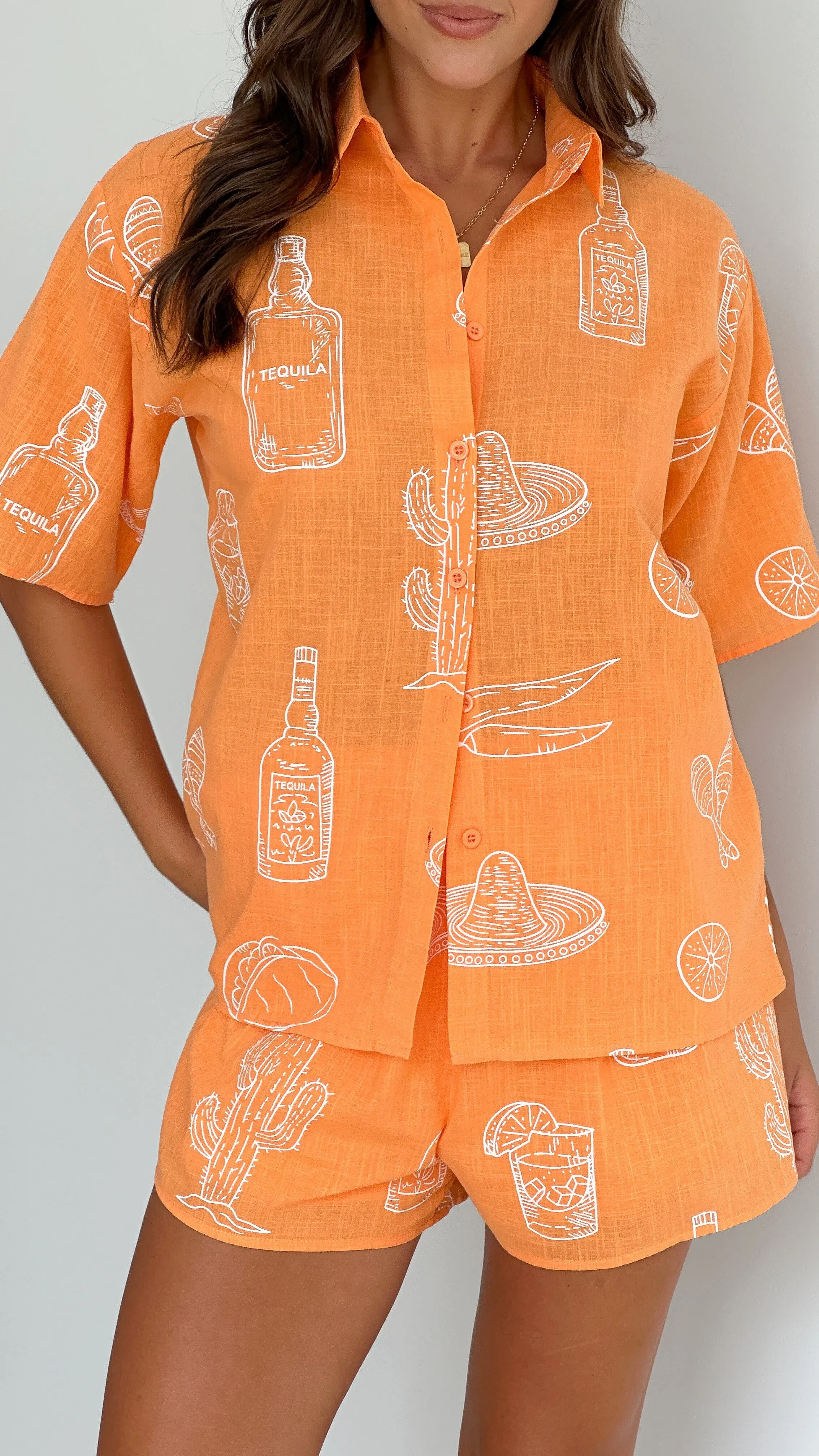 Bobbi Button Up Shirt and Shorts - Orange/White Tequila & Tacos Print sold by Billy J product image thumbnail 5