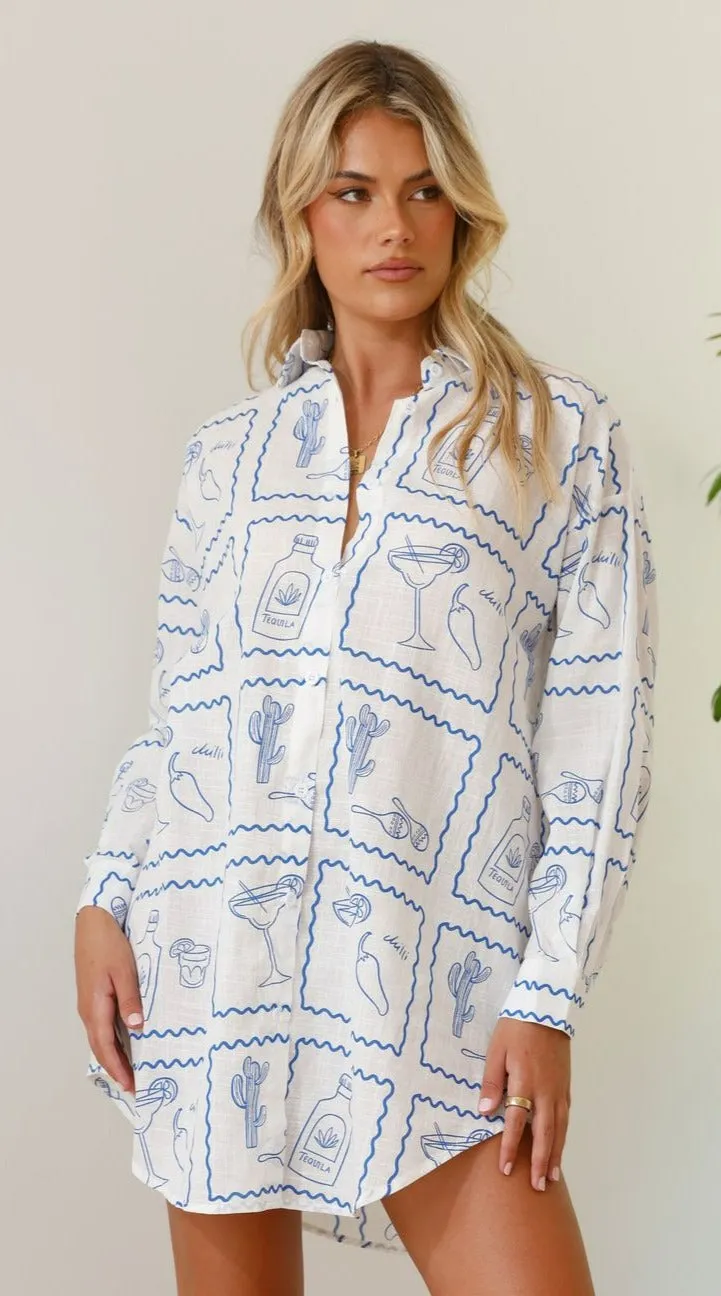 Piper Shirt Dress - Chilli Cactus - White/Blue sold by Billy J