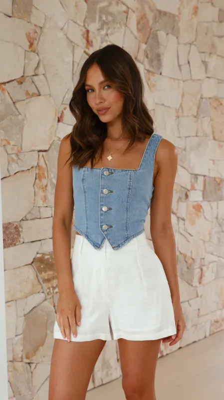 Lada Button Up Crop Top - Mid Blue Denim sold by Billy J
