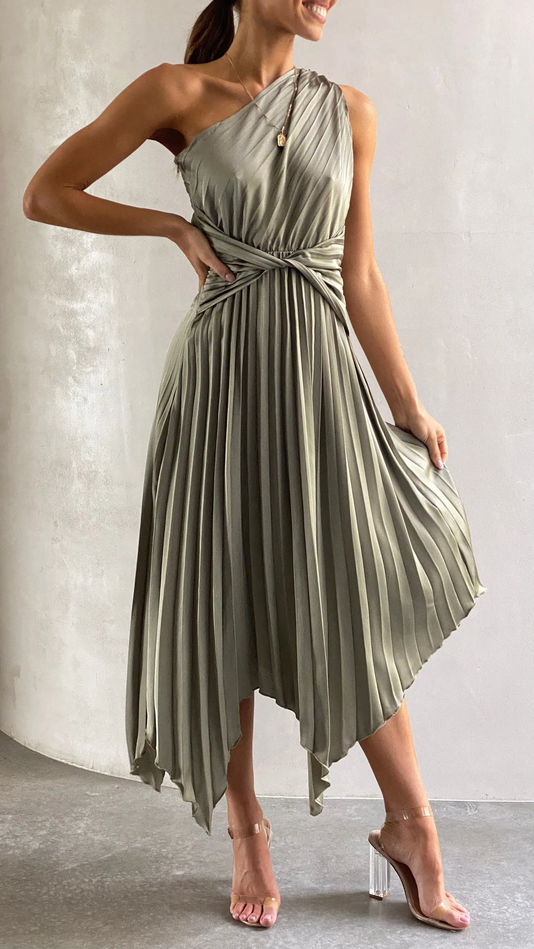 Cali One Shoulder Midi Dress - Olive sold by Billy J