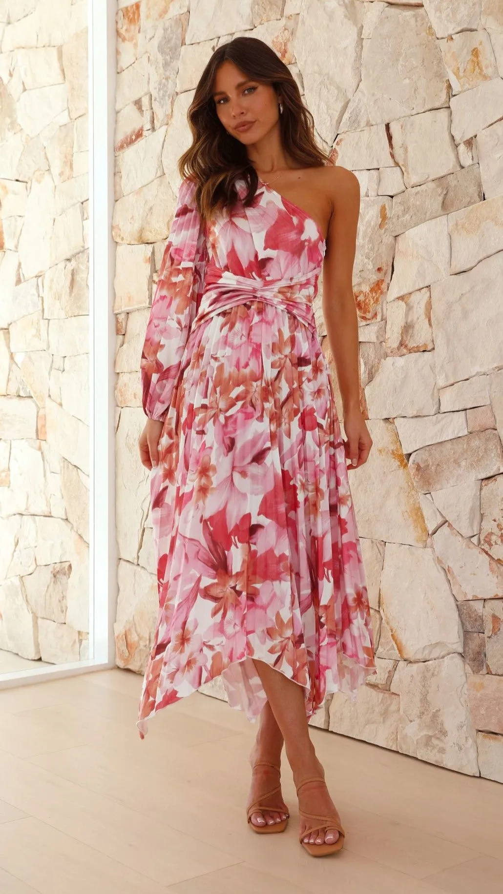 Brooklyn One Shoulder Midi Dress - Pink Floral sold by Billy J