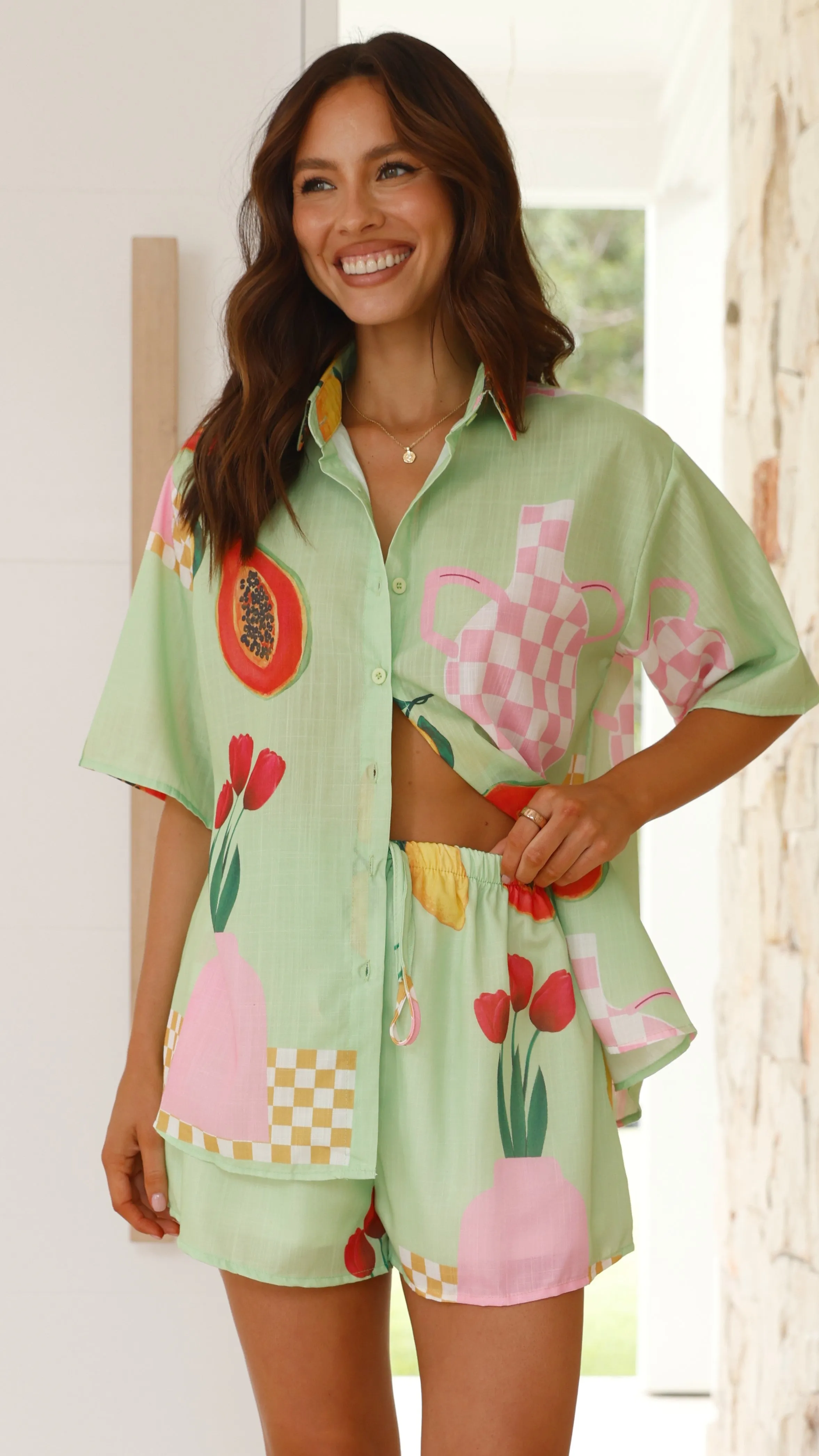Charli Button Up Shirt and Short Set - Green Vase Print sold by Billy J
