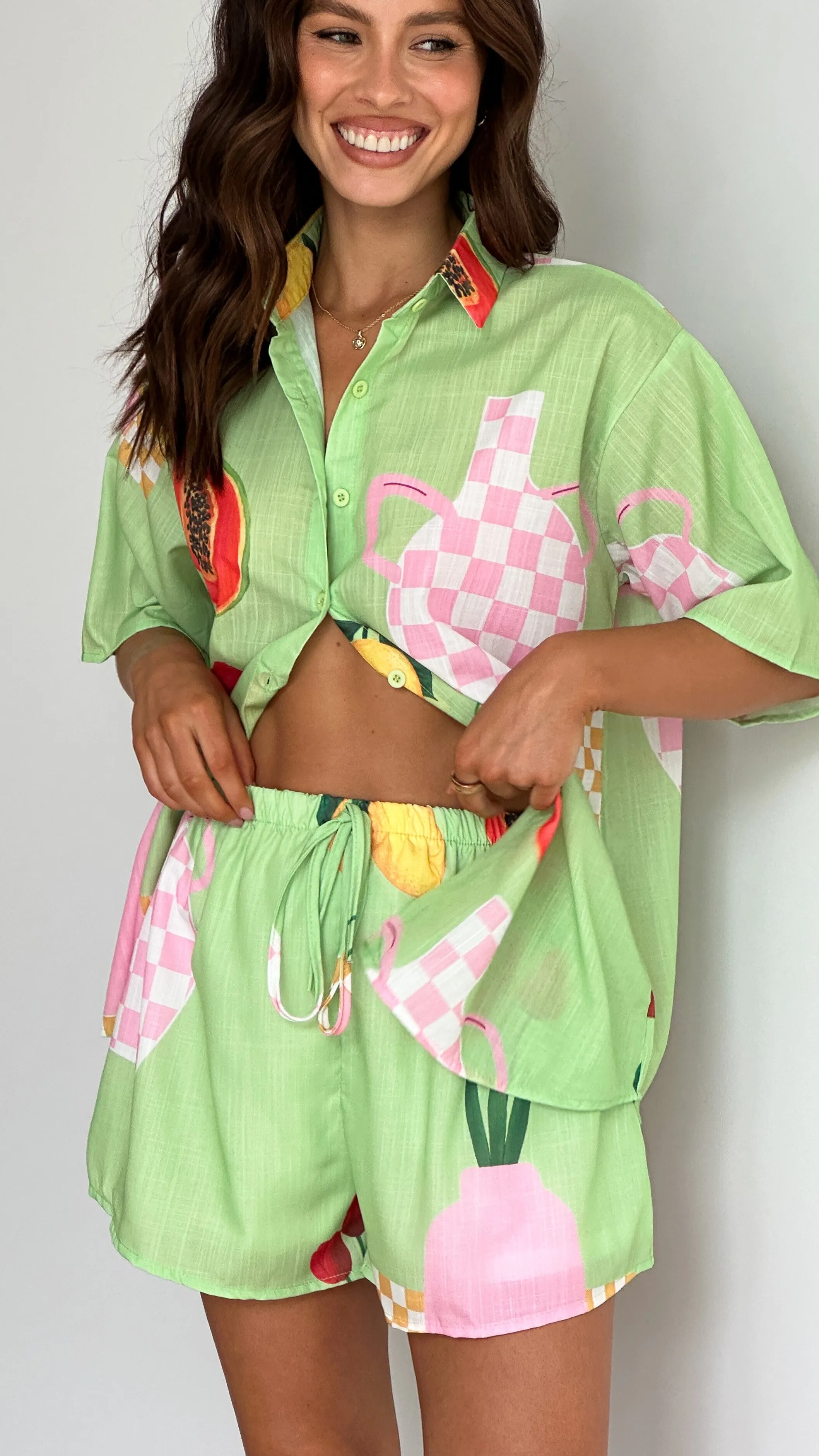 Charli Button Up Shirt and Short Set - Green Vase Print sold by Billy J product image thumbnail 3