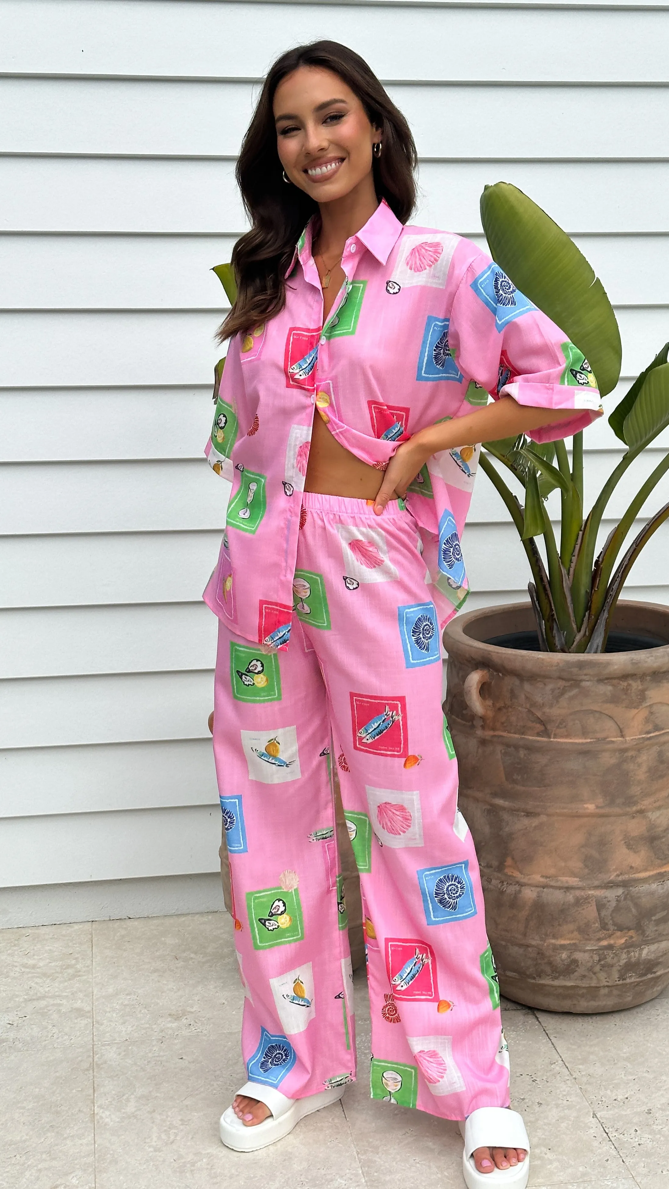 Kourt Button Up Shirt and Pants Set - Pink Stamps Set sold by Billy J
