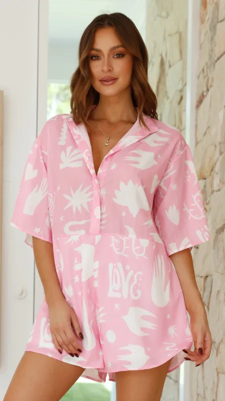 Aralyn Playsuit - Pink / White Love Print sold by Billy J