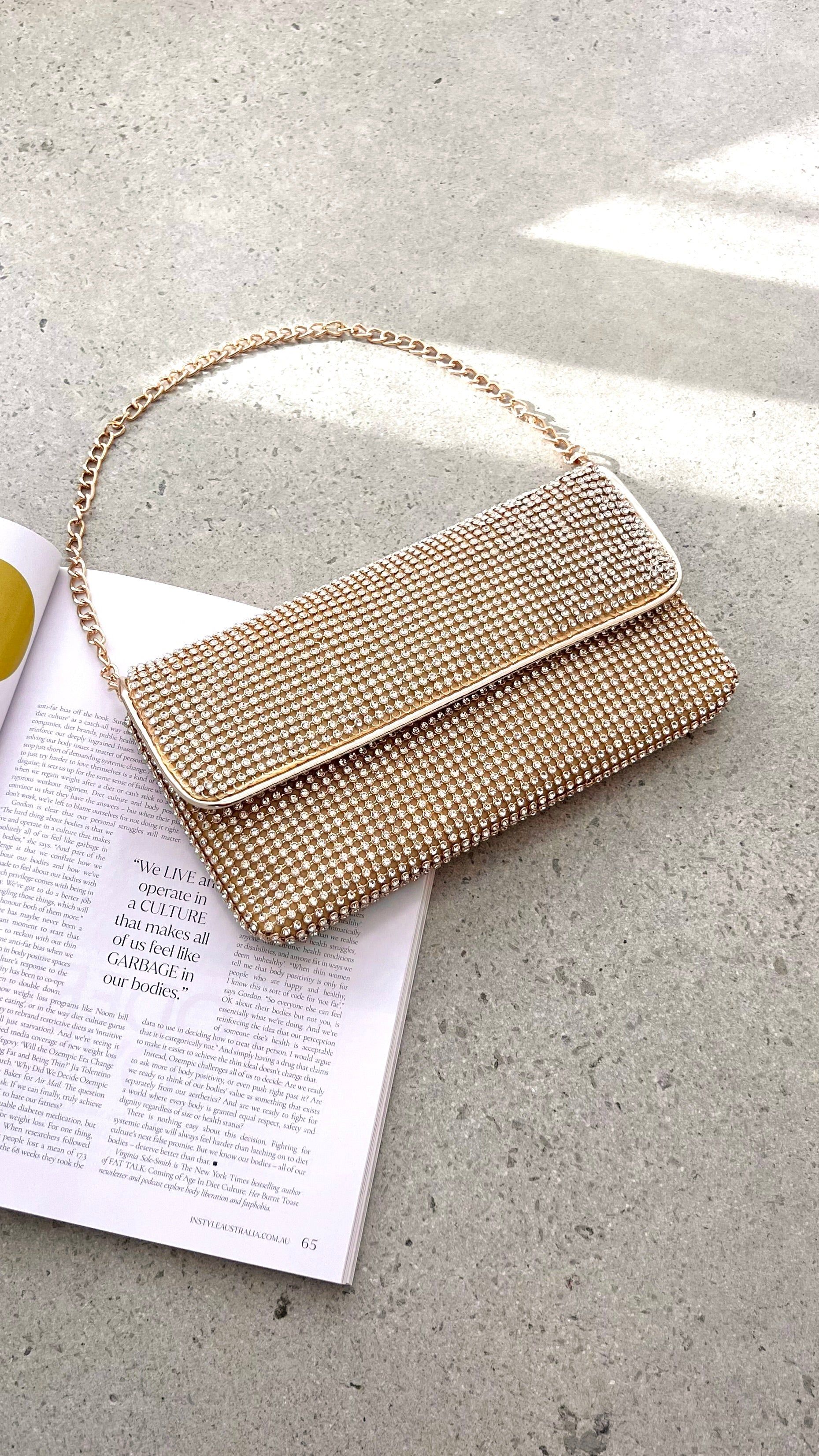 Malia Foldover Diamante Clutch - Gold sold by Billy J