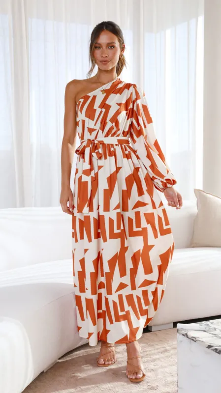 Melanie Maxi Dress - Orange/Rust Print sold by Billy J