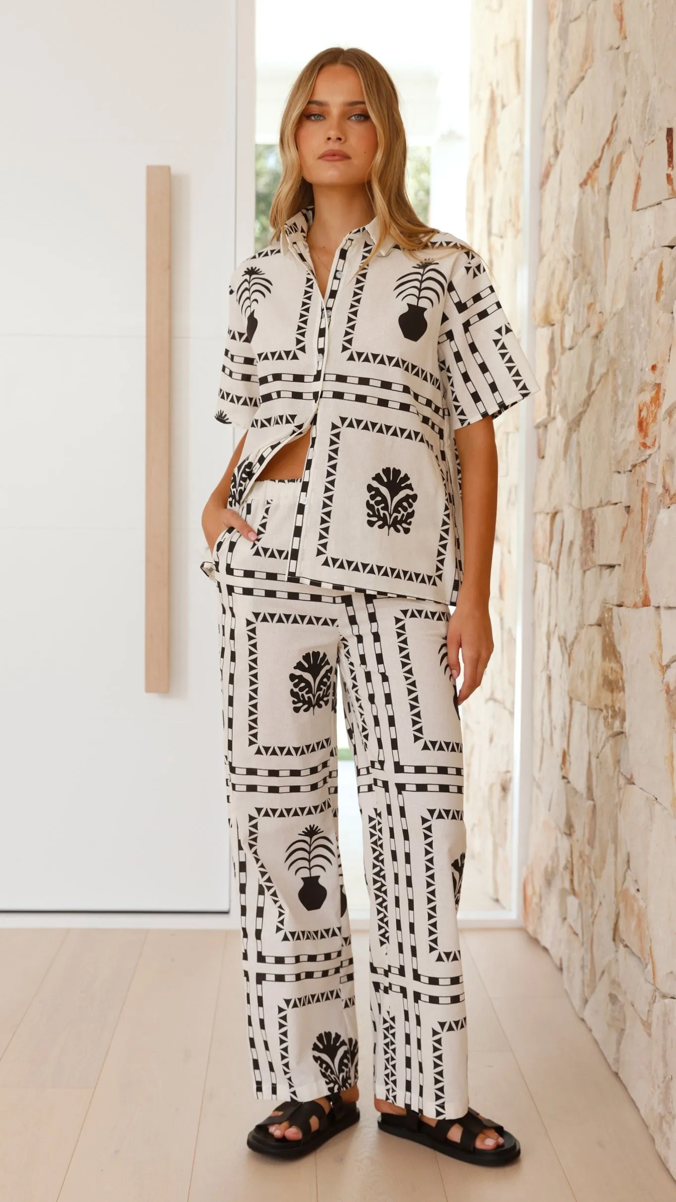 Rada Button Up Shirt and Pants Set - White / Black Print sold by Billy J