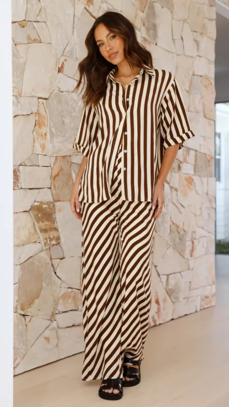 Mabyn Button Up Shirt and Pants Set - Beige / Brown Stripe sold by Billy J