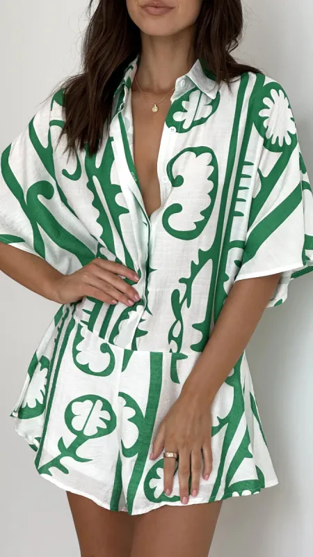 Aralyn Playsuit - White / Green Tribal sold by Billy J