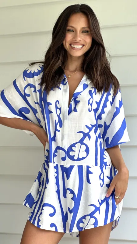 Aralyn Playsuit - White / Blue Tribal sold by Billy J