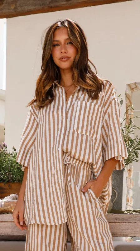 Annie Button Up Shirt - Beige Stripe sold by Billy J